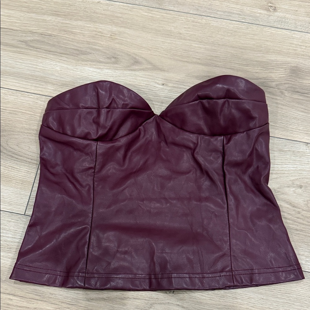 Burgundy Strapless Faux Leather Top